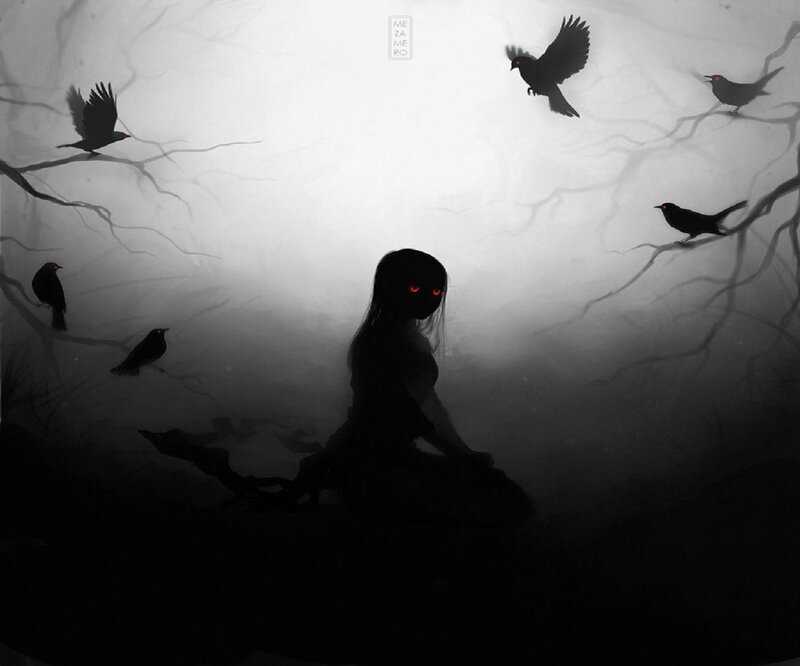 Silhouette of Girl with Crows