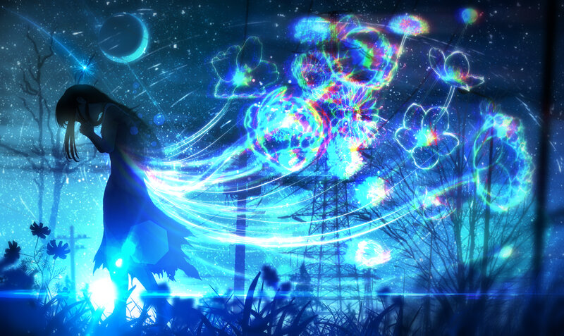Silhouette of Girl with Glowing Flowers