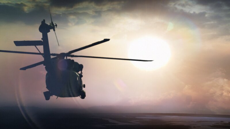 Silhouette of Helicopter — Orange, Dramatic, Sunset, 3d Render
