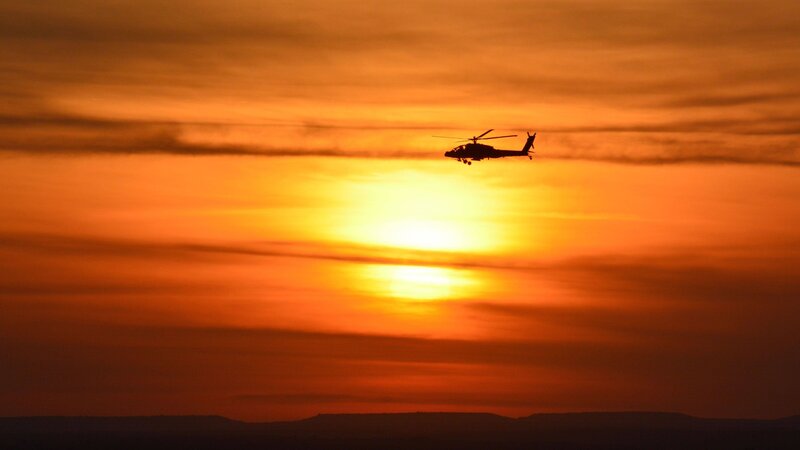 Silhouette of Helicopter — Orange, Dramatic, Sunset, Photograph, Sun, Sky