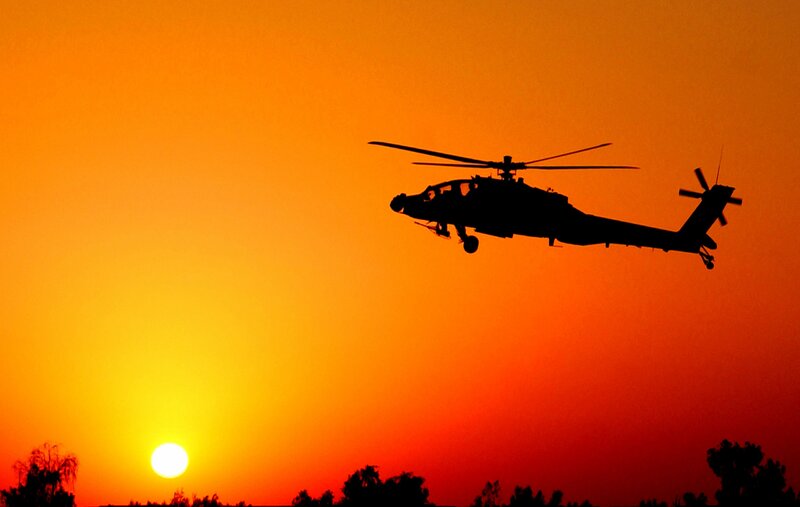 Silhouette of Helicopter — Orange, Dramatic, Sunset, Photograph