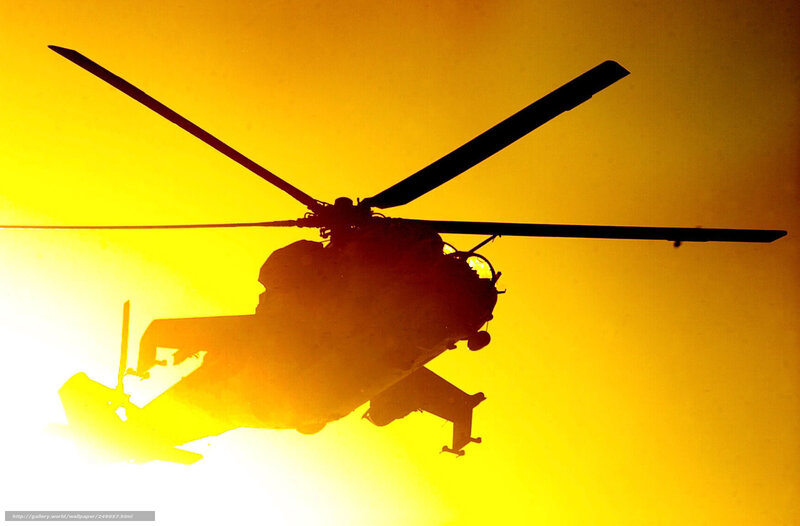 Silhouette of Helicopter — Yellow, Dramatic, Sunset, Photograph