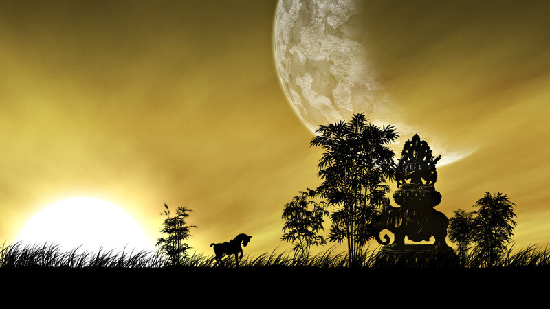 Silhouette of Horse and Statue