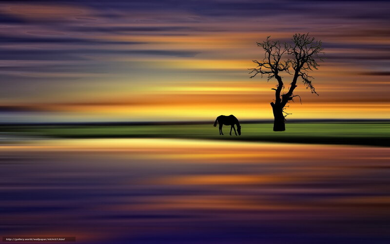 Silhouette of horse and tree at sunset
