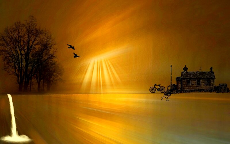 Silhouette of House and Bicycle