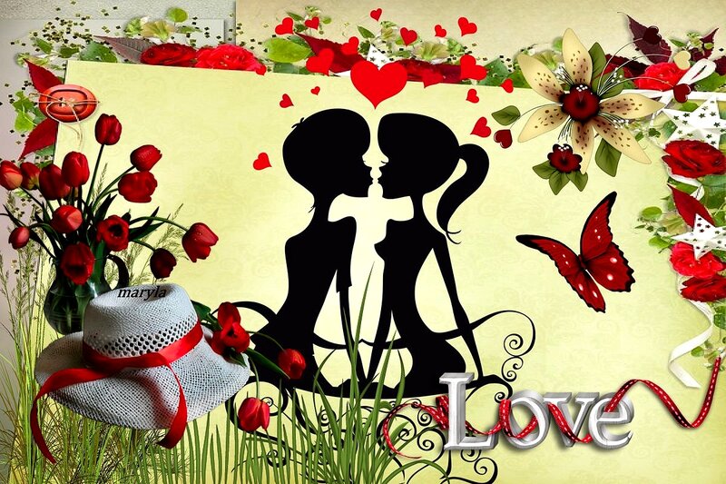 Silhouette of Kissing Couple — Red, Romantic