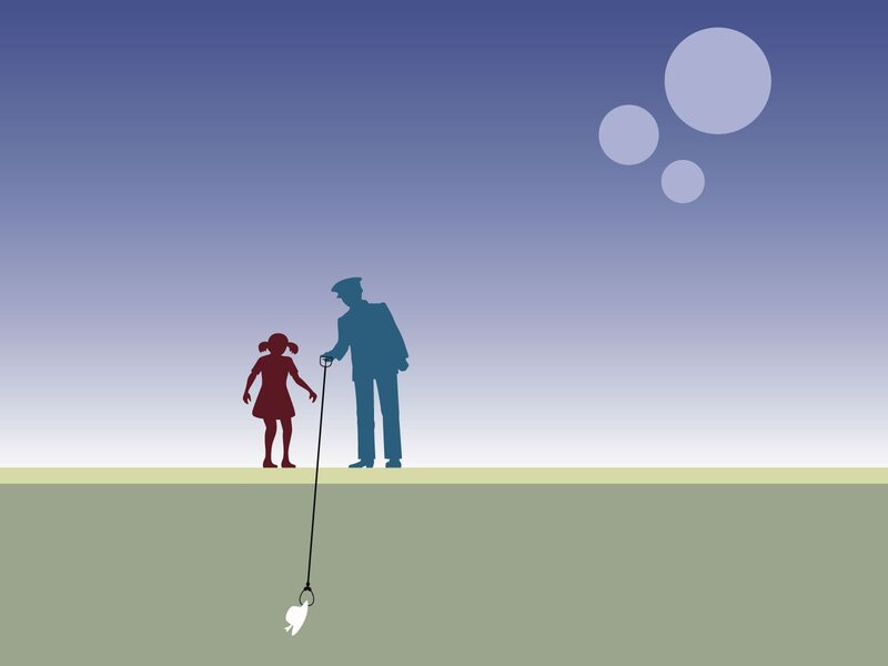 Silhouette of man and girl with fishing rod