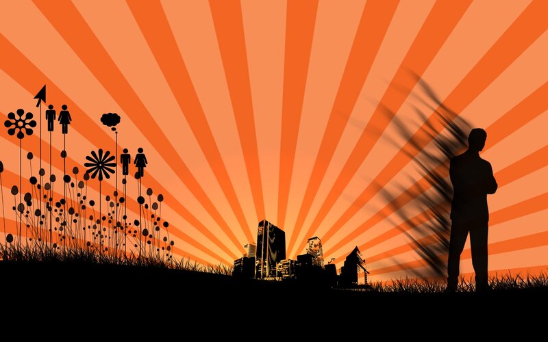 silhouette of man with city and flowers