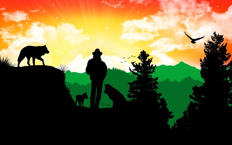 Silhouette of man with wolves at sunset