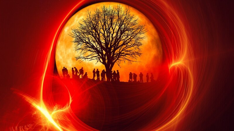 Silhouette of People and Tree — Red, Dramatic