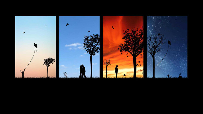 Silhouette of People and Trees — Blue, Dramatic, Sunset