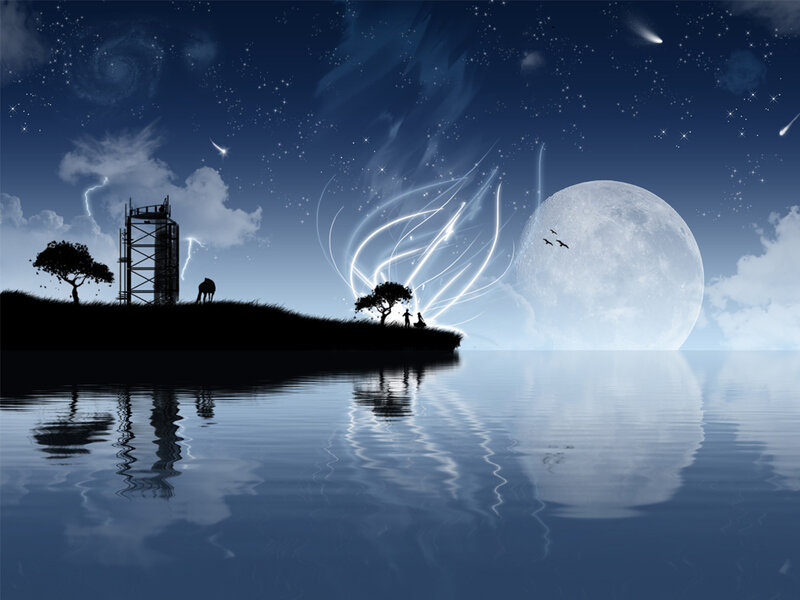 Silhouette of People on Island — Blue