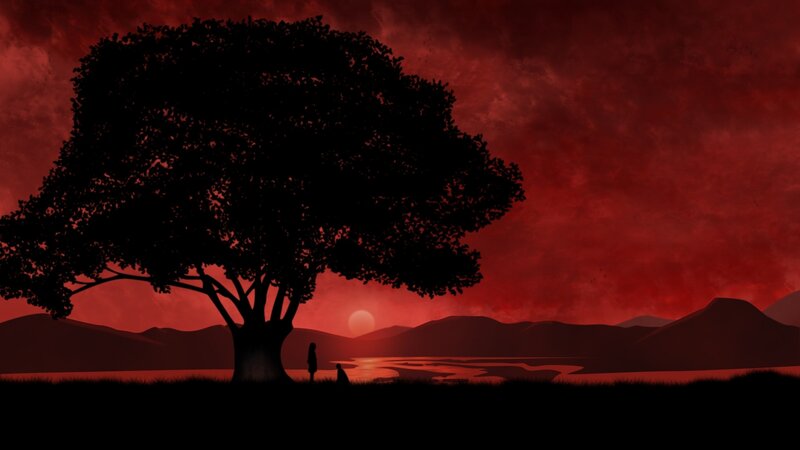 Silhouette of People under Tree — Red