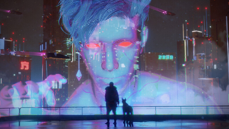 Silhouette of Person and Dog — Blue, Dystopian