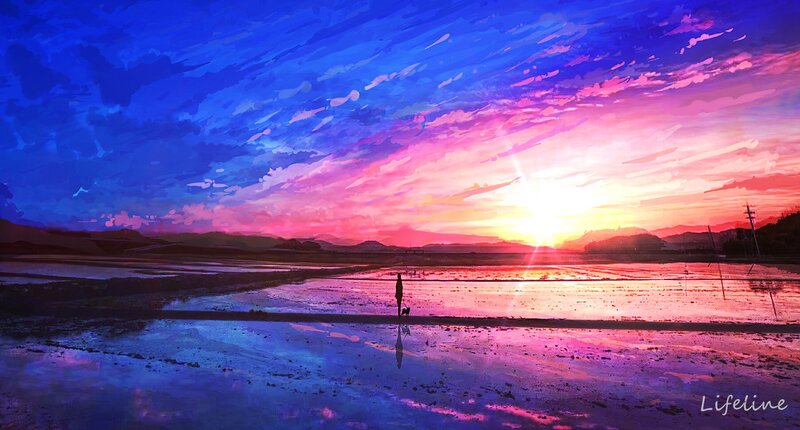 Silhouette of Person and Dog — Blue, Serene, Sunset