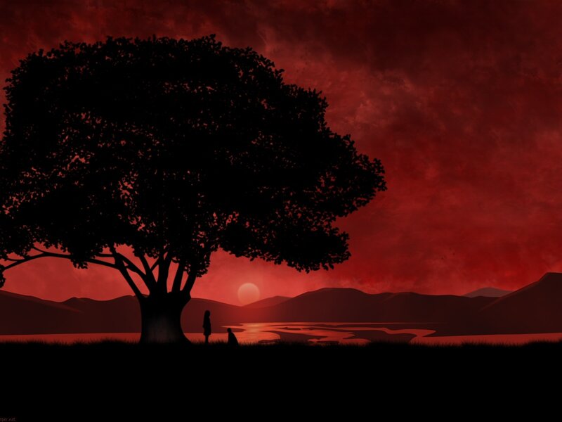 Silhouette of Person and Dog — Red, Dramatic