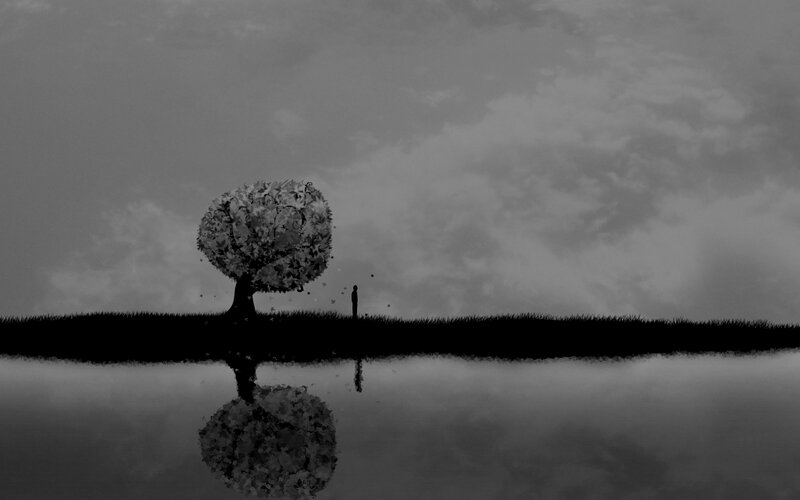 Silhouette of Person and Tree — Black, Serene, Digital Art