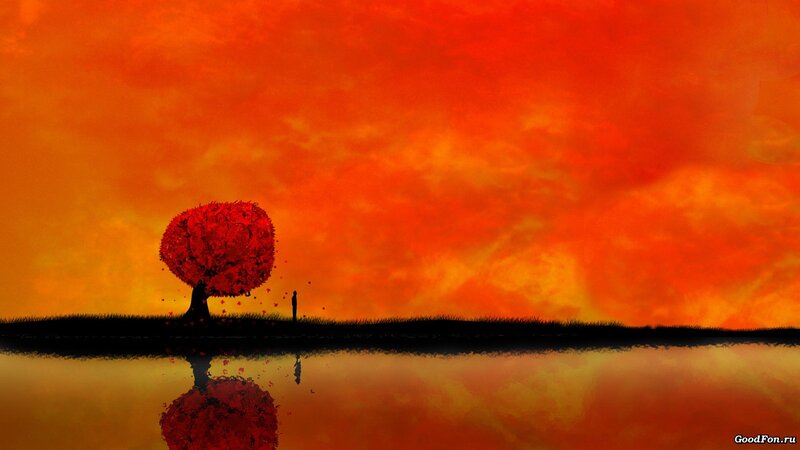 Silhouette of Person and Tree — Red, Dramatic, Sunset, Digital Art, Water, Orange, Black