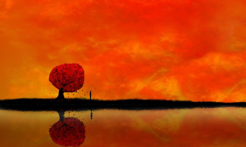 Silhouette of Person and Tree — Red, Dramatic, Sunset, Digital Art, Water, Orange