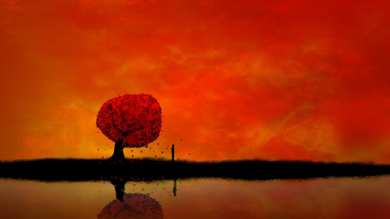 Silhouette of Person and Tree — Red, Dramatic, Sunset, Digital Art, Water