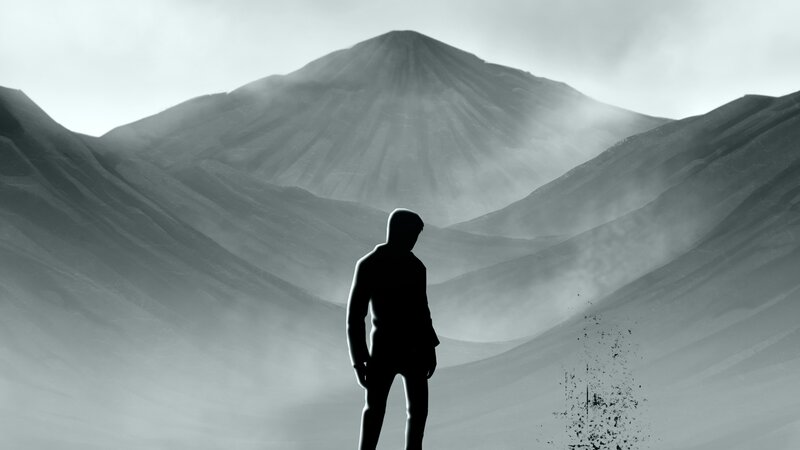 Silhouette of Person — Black, Dramatic, Digital Art, Mountain