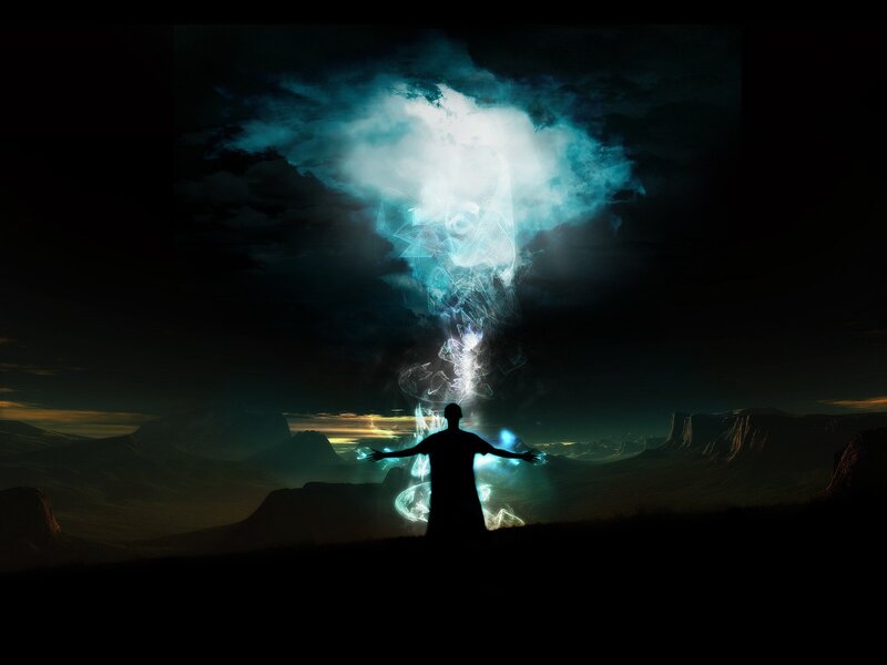 Silhouette of Person — Black, Dramatic, Night, Digital Art, Clouds