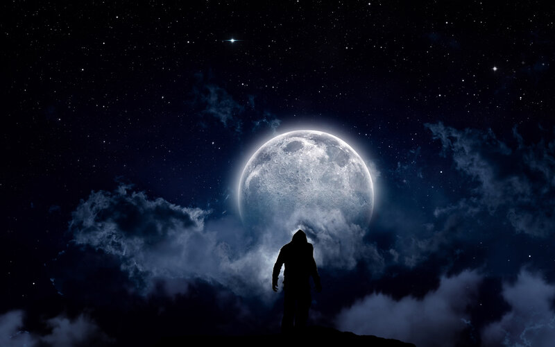 Silhouette of Person — Black, Dramatic, Night, Digital Art, Moon, Stars