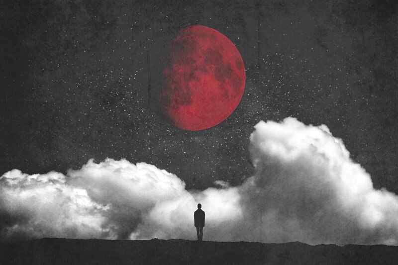 Silhouette of Person — Black, Dramatic, Night, Digital Art, Red Moon
