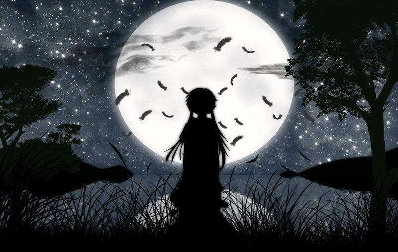 Silhouette of Person — Black, Serene, Night, Digital Art, Moon, Trees