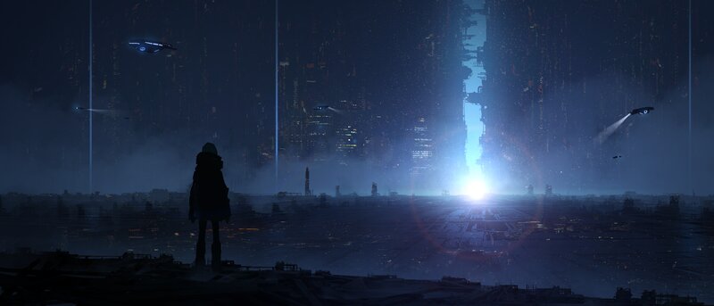 Silhouette of Person — Blue, Dramatic, Night, Digital Art, Flying Vehicles