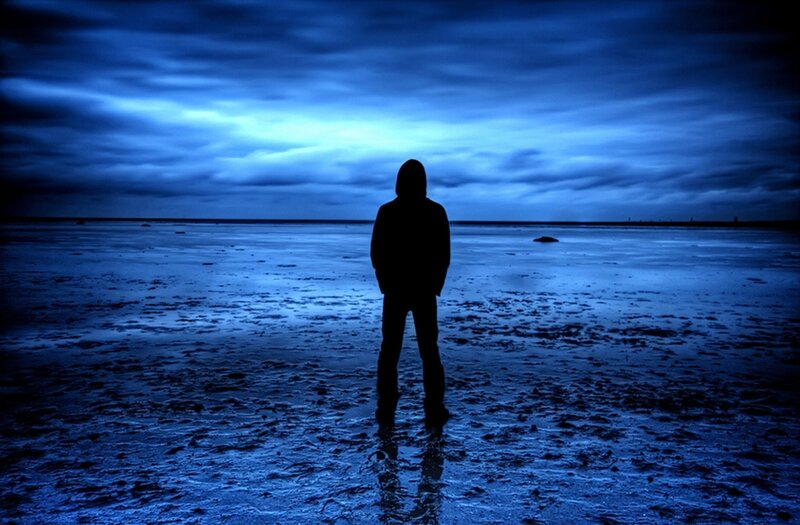 Silhouette of Person — Blue, Dramatic, Night, Photograph, Beach
