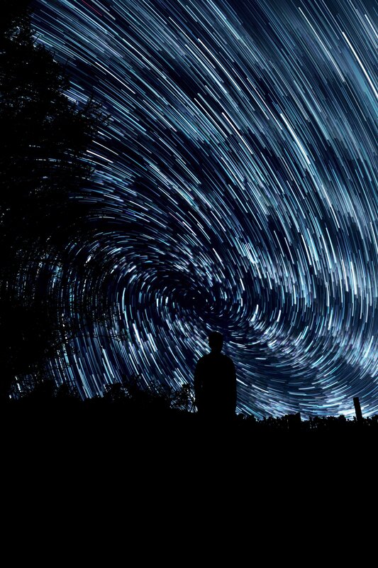 Silhouette of Person — Blue, Dramatic, Night, Photograph, Star Trails