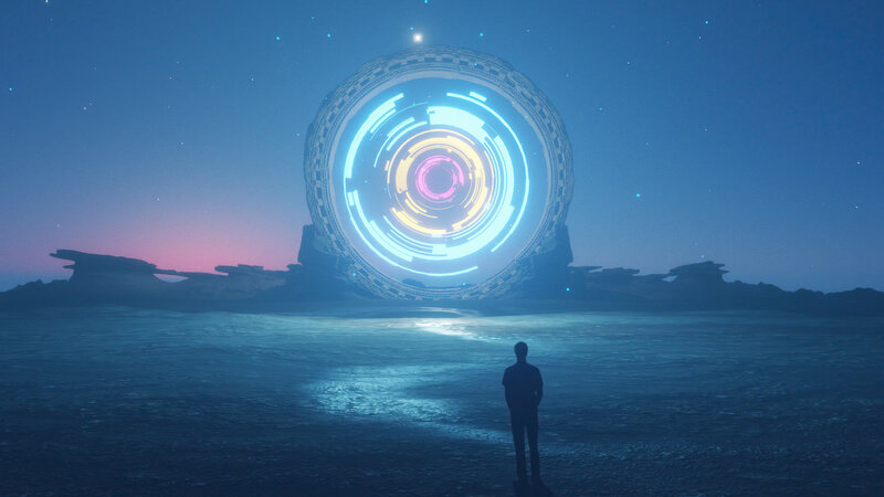 Silhouette of Person — Blue, Serene, Night, Digital Art, Alien Structure