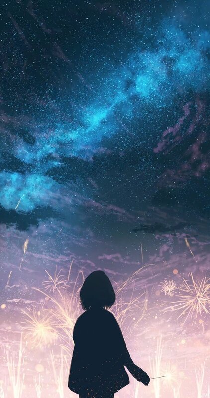 Silhouette of Person — Blue, Serene, Night, Digital Art, Fireworks
