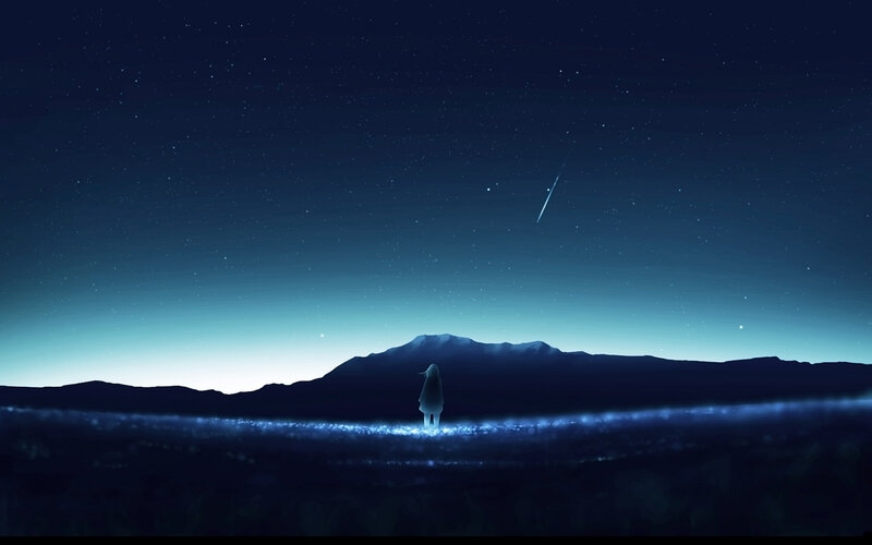Silhouette of Person — Blue, Serene, Night, Digital Art, Mountain