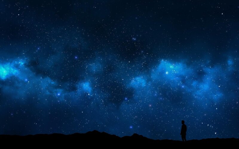 Silhouette of Person — Blue, Serene, Night, Digital Art, Stars