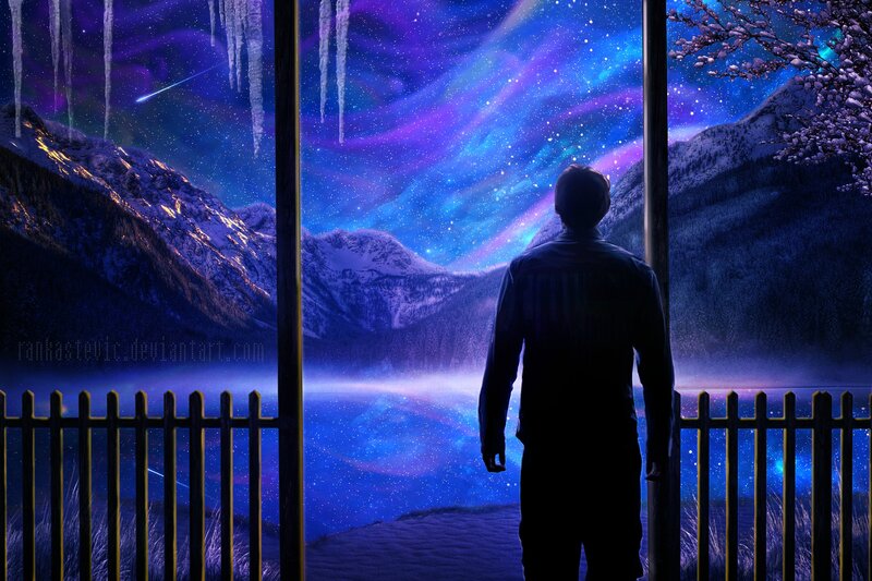 Silhouette of Person — Blue, Serene, Night, Digital Art