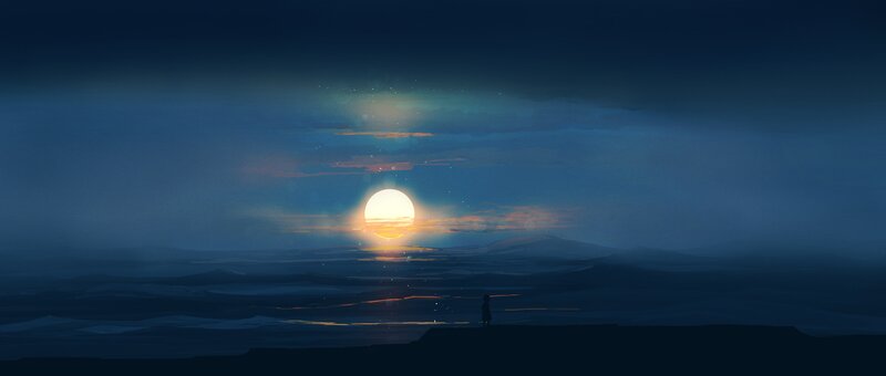 Silhouette of Person — Blue, Serene, Sunset, Digital Art, Sun