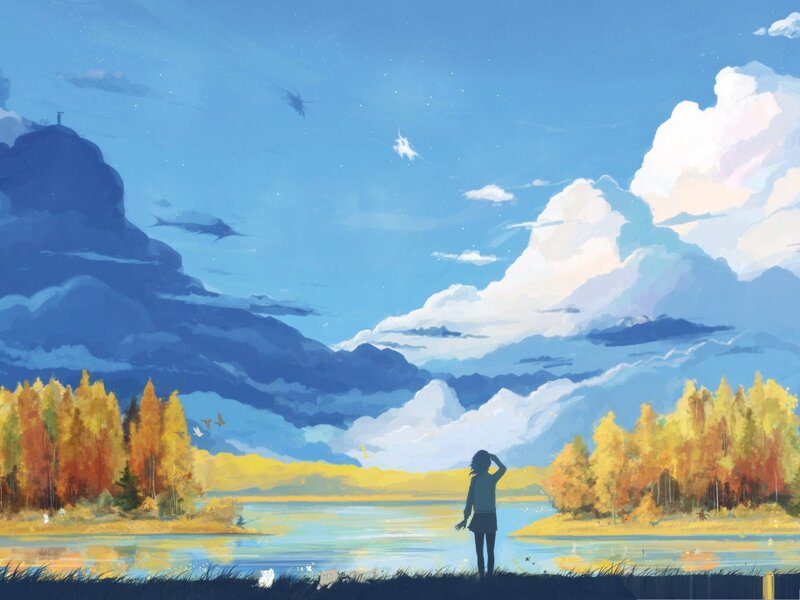 Silhouette of Person by Lake — Blue, Serene
