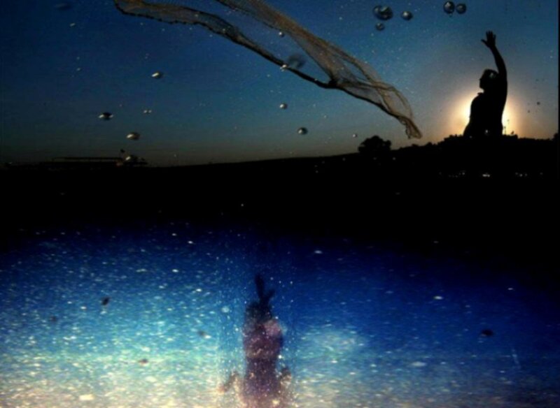 Silhouette of Person Fishing — Blue