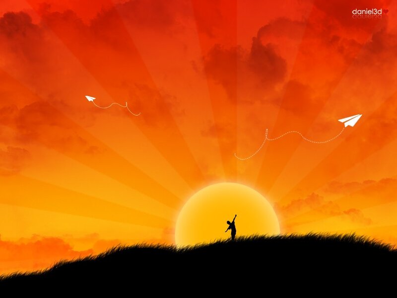 Silhouette of person flying paper airplanes
