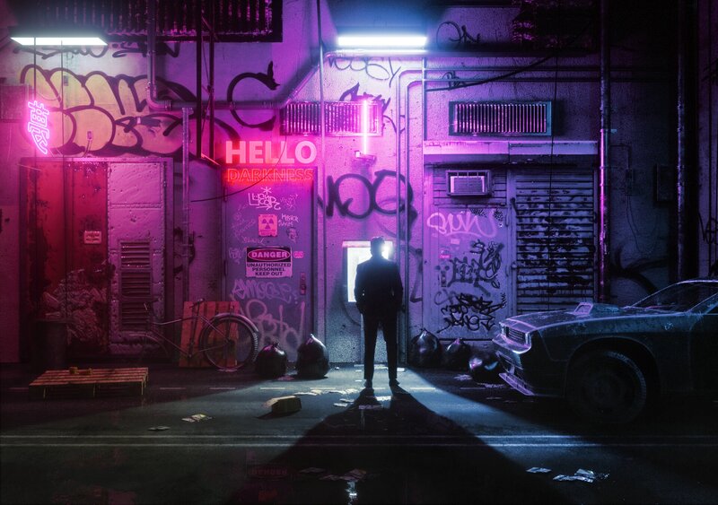 Silhouette of Person in Alley — Purple, Dramatic