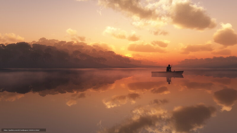 Silhouette of Person in Boat — Orange, Serene, Sunset, Digital Art