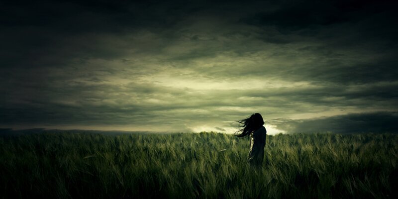 Silhouette of Person in Field — Green, Dramatic