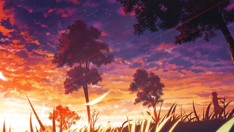 Silhouette of Person in Field — Orange, Dramatic, Sunset, Digital Art