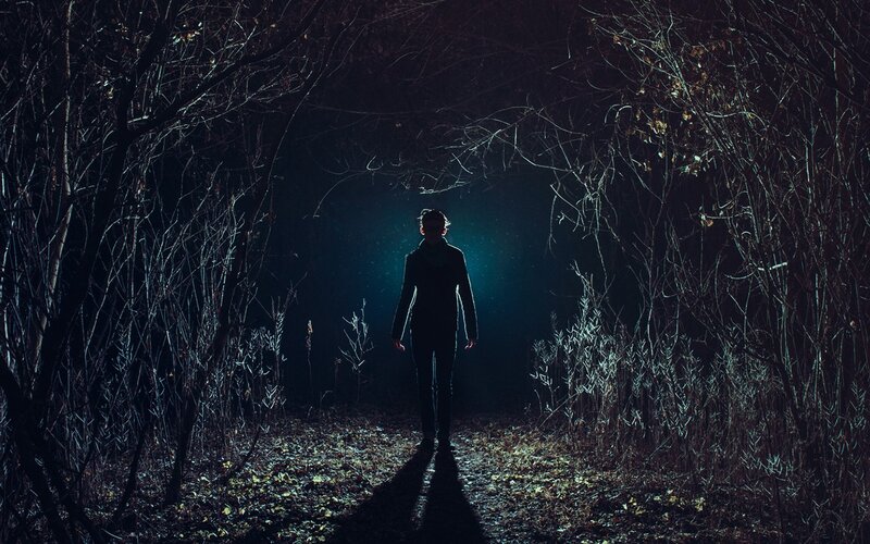 Silhouette of Person in Forest — Black, Dark, Night, Photograph