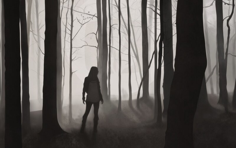 Silhouette of Person in Forest — Black, Mysterious, Night, Digital Art