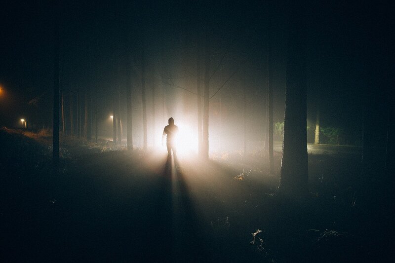 Silhouette of Person in Forest — Black, Mysterious, Night, Photograph