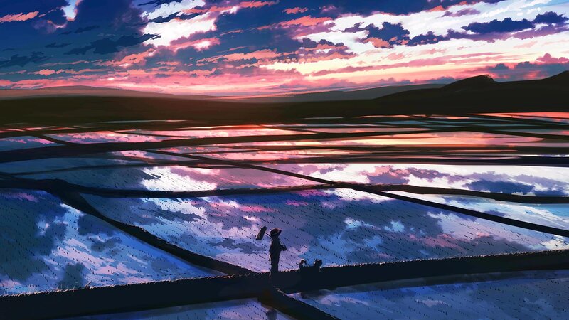 Silhouette of Person in Rice Paddy — Purple