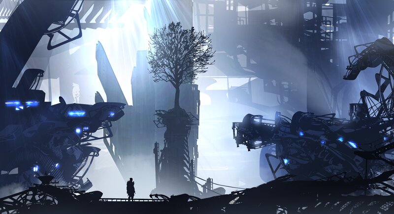 Silhouette of Person in Ruins — Blue, Dramatic
